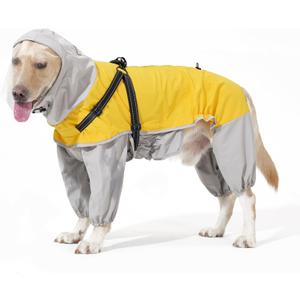 LIANZIMAU Waterproof Dog Raincoat 4 Legs with Leash Hook Reflective Adjustable Belly Strap Clear Hood Lightweight Polyester for Large Dogs (L, Yellow)