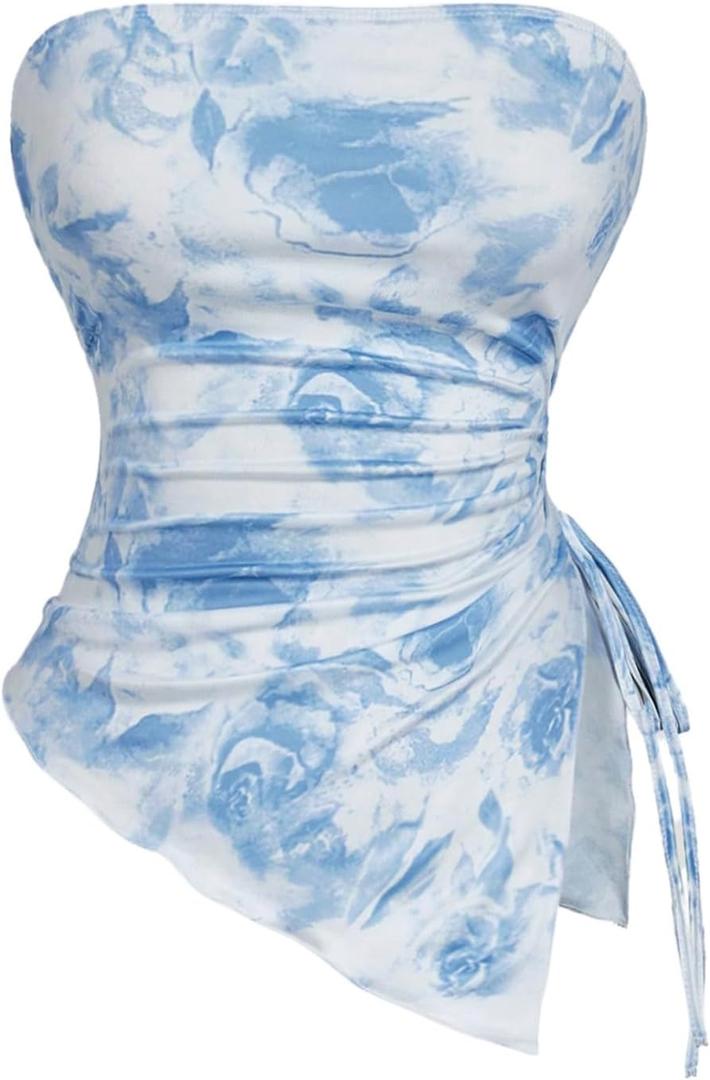 Women's Floral Asymmetrical Hem Strapless Tops Ruched Drawstring Split Side Bandeau Tube Top (Medium, Blue)