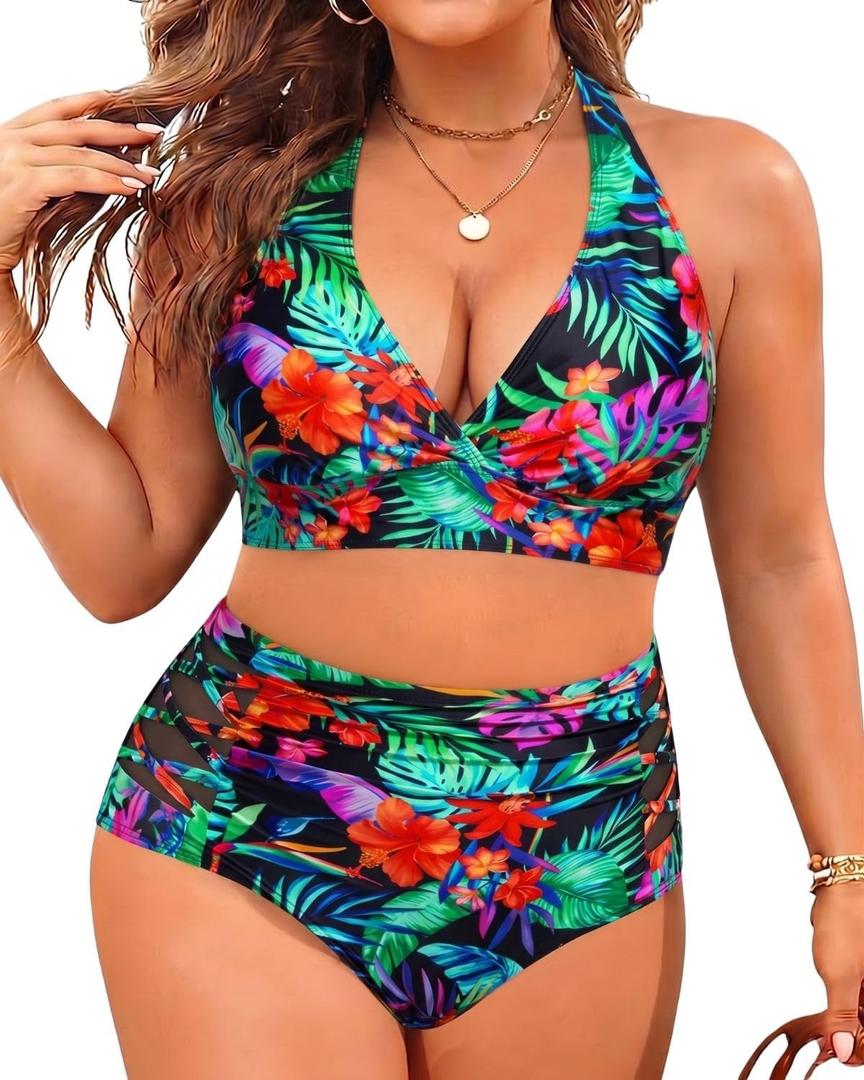 Yonique Womens Two Piece Plus Size Halter Bikini Swimsuits Tummy Control Bathing Suits High Waisted Swimwear, 20W