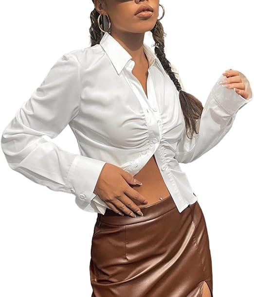 Women's Spring Solid Ruched Curved Hem White Shirt Top Long Sleeve Button Front T Shirt Blouse for Women