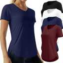 4 Pack Women's Short Sleeve Workout T Shirt Side Slits Curved Hem V Neck Breathable Exercise Tops Quick Dry UV Tee (Large, Black, White, Navy Blue, Burgundy Red)