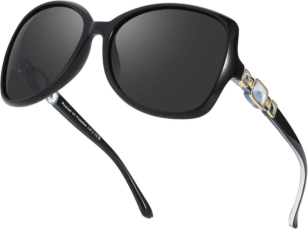 FIMILU Sunglasses for Women, Polarized Retro Stylish Sunglasses Oversized Trendy Sun Glasses UV Protection for Vacation 5203 (A1 Black Frame/Grey Lens)