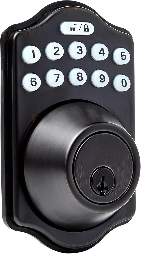 Amazon Basics Electronic Keypad Deadbolt Door Lock with Touch-Control Keyless Entry, Keyed Entry Option, Traditional, Oil Bronze, 1-Pack