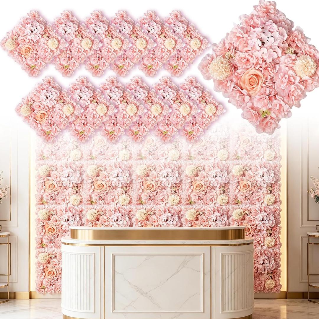 Flower Wall Backdrop, 12PCS 13.8 * 13.8IN Faux Flower Wall Panels for Indoor Outdoor Decor, Floral Backdrop for Birthday Party Wedding Garden Home (Light Pink 2, 13.8”x13.8” (12pcs))