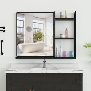 Black Metal Framed Bathroom Mirror with Shelf, 24.4 X 31 in Rectangular Wall Mounted Bathroom Vanity Mirror, Modern Bathroom Mirror with Storage for Over Sink, Entryway (Black)