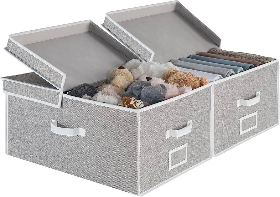 StorageWorks Extra Large Storage Bins with Lids, 55L Decorative Organizer with Divider Board, Fabric Boxes with Handles, Gray, 1 pack 