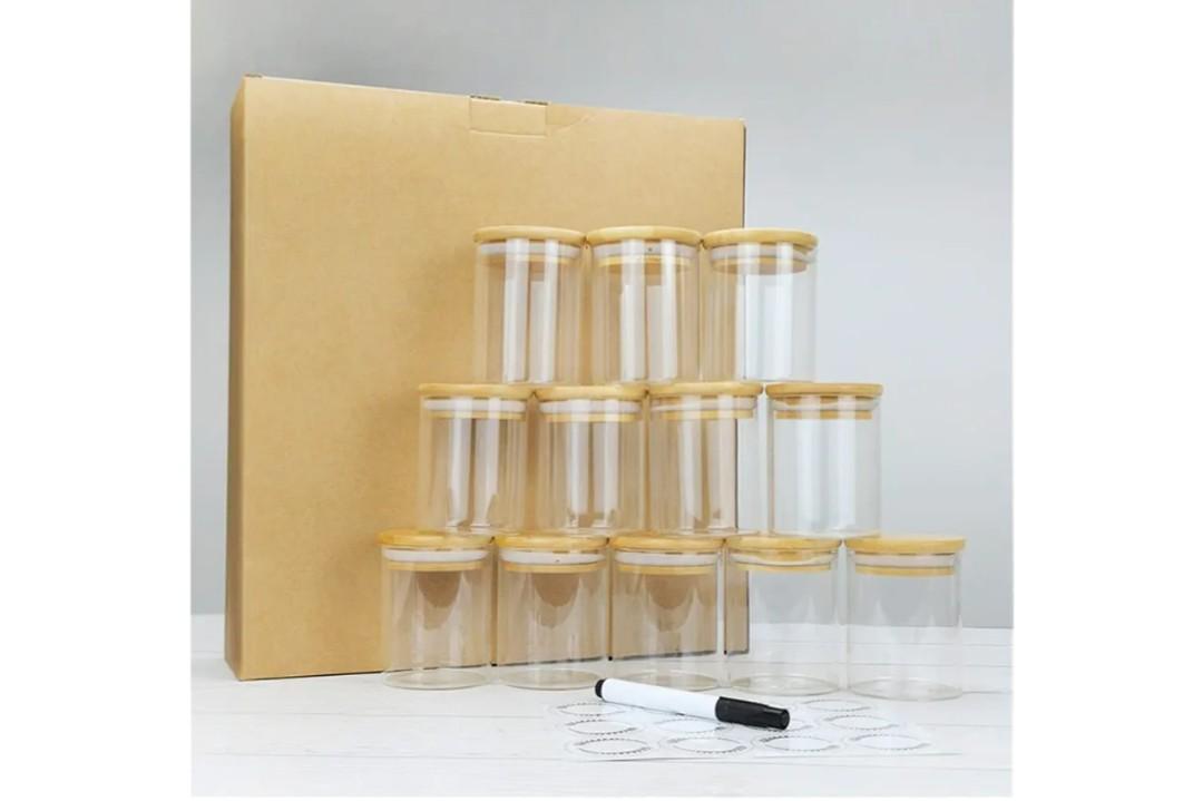 Glass Spice Jars with Labels-12 Pack- 6.8oz- 360 Labels- Spice Containers with Bamboo Lids -Spices Organization for Cabinet-Drawer-Rack-Seasoning containers-herbs- Organizer-Spices Bottles
