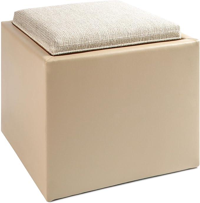 Beige Teddy Storage Ottoman, 18.5" Cube with Tray, Comfy Foot Rest and Multi-Purpose Uses, Home Decor Space Saving Solution