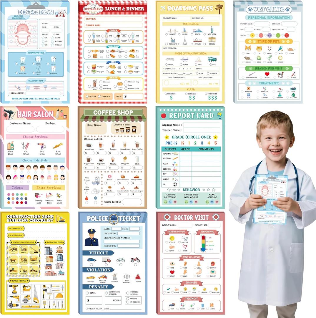 TICIAGA Kids Pretend Play Notepads - 10PCS 4 x 6 Inch Playtime Pad Included Restaurant Police Vet Doctor Visit Coffee Salon Notepad 30 Pages Pretend Notebook Imaginative Role for Toddler Kid Play Game
