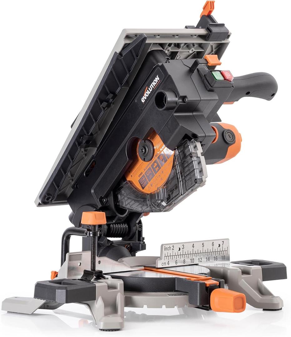 Evolution R8MTS 8-1/ 4" Convertible Miter/ Table Saw - Multi-Function Saw - 0-45° Bevel & +/ - 45° Miter - Multi-Material Cutting: Wood, Plastic, Metal - Compact, Powerful 12A Motor - TCT Blade Incl
