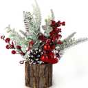 Small Christmas Tree Tabletop Artificial Mini Christmas Tree Decorations with Holiday Ornaments Red Berry Pine Cone Greenery for Home Indoor Fireplace Mantel Xmas Decor (Tree Stump-Red)