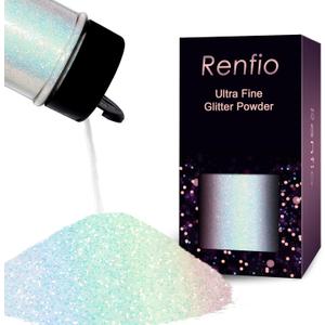 Renfio Iridescent Ultra Fine Glitter Powder Resin Supplies Glitters 1.94 Oz (55g) PET Flake Crafts Sequins 1/128" 0.008" 0.2mm Epoxy Chips Flakes for Tumbler Slime Olympic Decorations - Colorful White