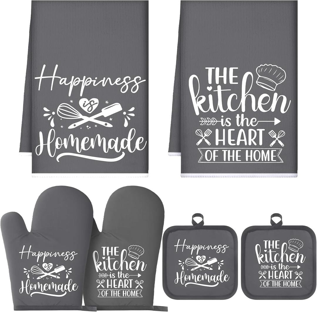 Sratte 6 Pcs Kitchen Decor Accessories Set Farmhouse Towels Pot Holders Oven Mitts Set 2 Dish Towels 2 Potholders 2 Cooking Mittens Oven Glove for Christmas Baking Cooking Supply(Dark Gray,Kitchen)