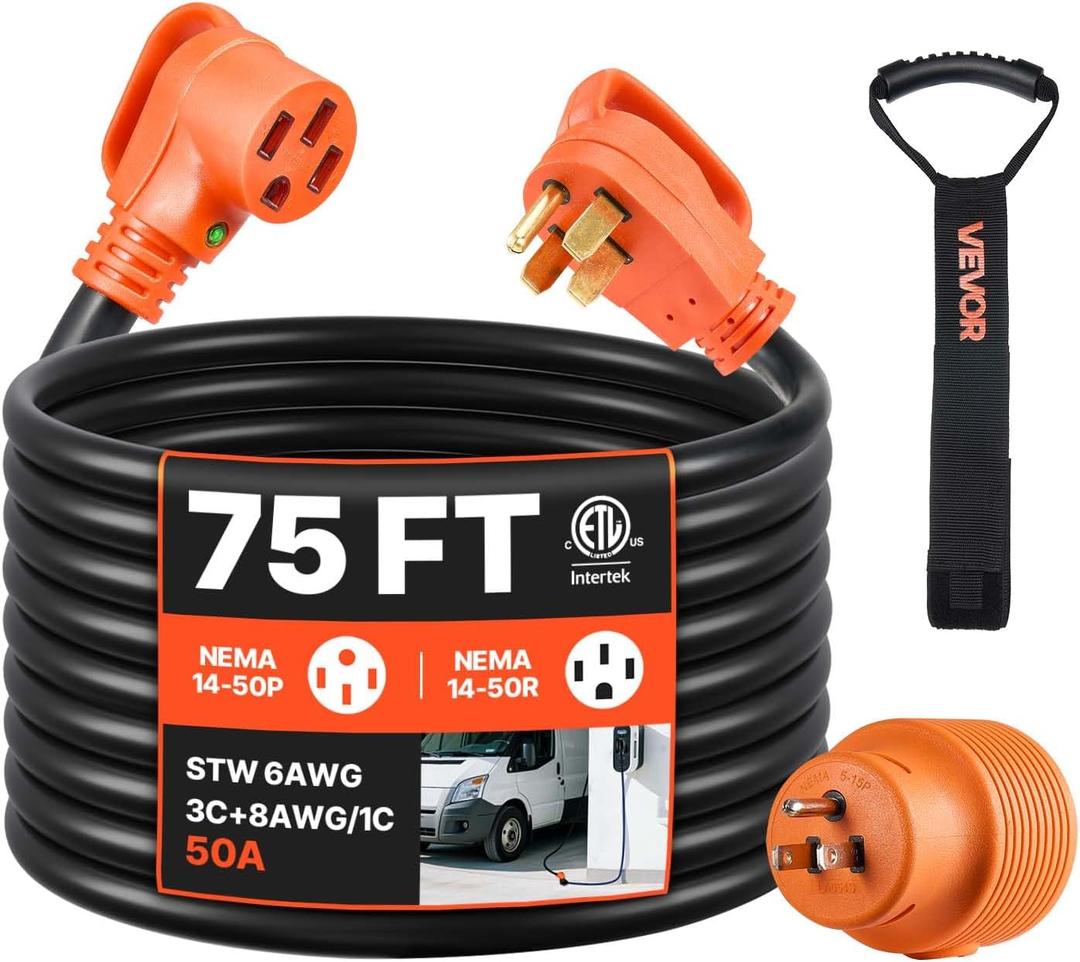 VEVOR 75 FT RV Extension Cord, 50 Amp, 125V/250V 7500W Heavy Duty STW 6/3 + 8/1 Gauge Wire, NEMA 14-50P Male NEMA 14-50R Female Plug, with LED Indicator, Handle, 15A Adapter for RV Trailer, ETL Listed