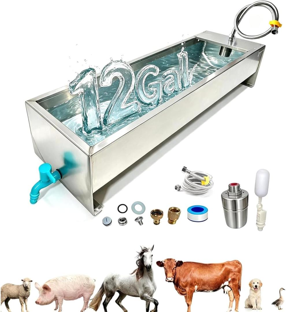 Automatic Livestock Water Trough Animal Stainless Steel Larger Automatic Waterer with Float Valve Kit for Goat Cattle Horse Hog Pigs Dog Water Dispenser Outdoor, 39.5"*11.8"*7.8",12 Gallons