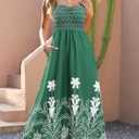 Gardenwed Women's Floral Print Maxi Dress,Spaghetti Strap Smocked Bodice A-Line Sundress with Pockets (Green, M)