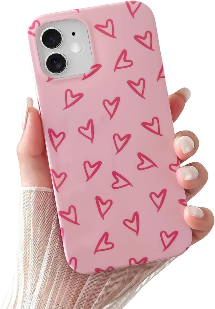 2 x Skyseaco for iPhone 12 Case Cute Love Heart Design Aesthetic Pattern Phone Case for Women Girls Soft Slim TPU Shockproof Phone Cover, Pink