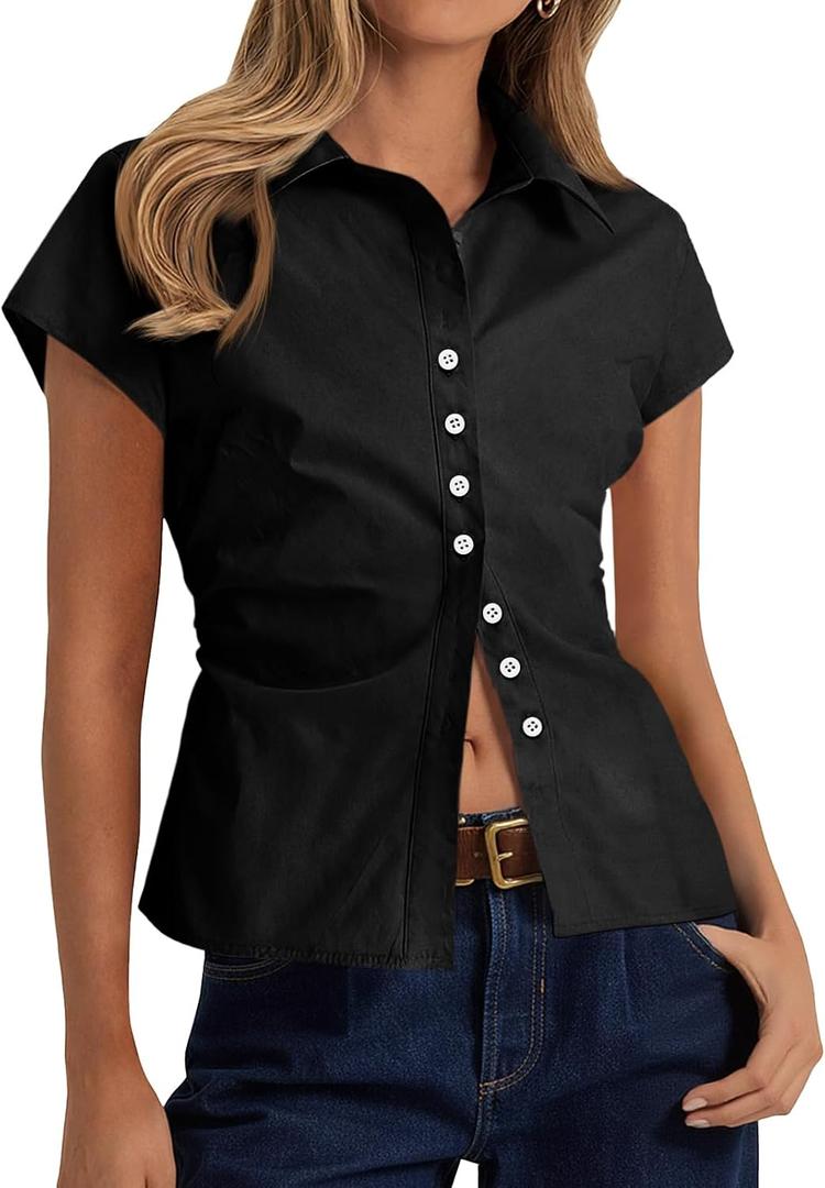 Cicy Bell Womens Summer Button Down Shirts Short Sleeve Petite Blouses Tops | Slim Fit, Casual Dressy, Ruched, Going Out (Black, S)
