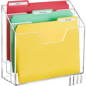 BEYGORM Acrylic File Folder Holder, 3 Tiers Clear Wall Hanging Magazine Rack, Desktop Large Vertical Tiered File Holder for Office and Home, Upright File Storage for Desk