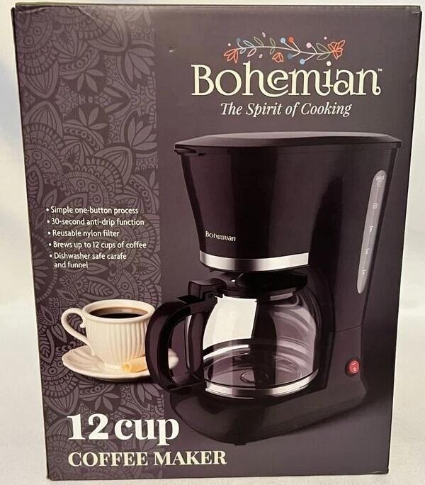 New - 12 Cup Coffee Maker Black Bohemian Anti Drop Carafe Reusable Nylon Filter