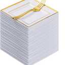 Goodluck 240 Pieces Gold Square Plastic Plates with Forks, Gold Dessert Plates for 120 Guests, Heavy Duty Disposable Plates for Party, Including 120 6.5" Plastic Plates and 120 7.4" Forks (Gold and White)