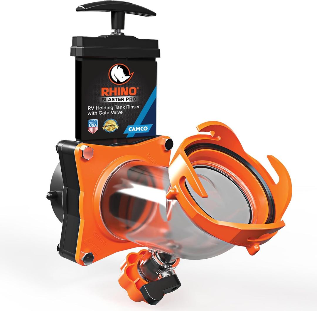 Camco Rhino Blaster RV Tank Rinser with Gate Valve & Backflow Preventer RV Accessories for Waste Tank Cleaning - Essential Camper Supplies for Odor Control and Sensor Maintenance - (39086)