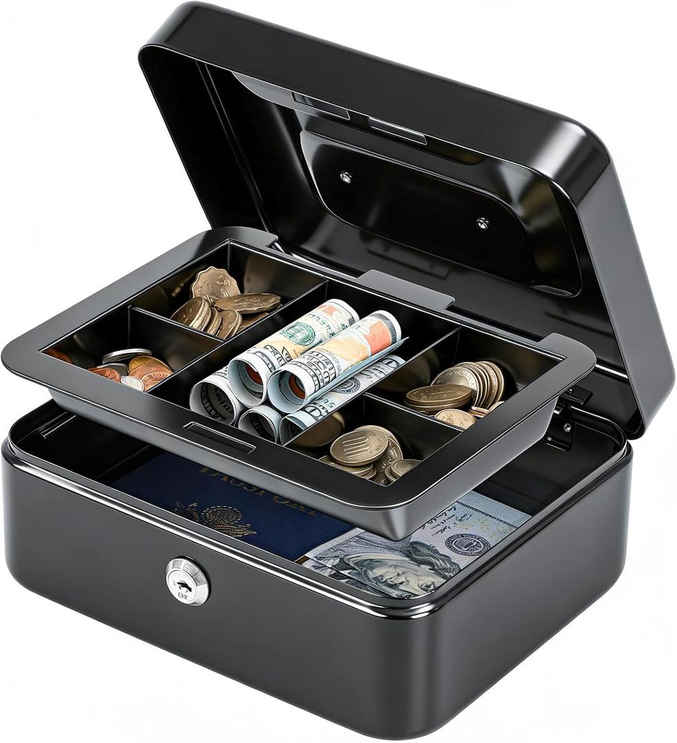 KYODOLED Medium Cash Box with Removable Money Tray, Key Lock Metal Storage Box with 2 Keys & Portable Handle, Safe Cash Drawer, 7.87"x 6.30"x 3.54", Black