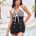 Ekouaer Womens One Piece Swimsuits Vintage Striped Skirt Bathing Suit Vintage Retro Push Up Swimwear (Black, XL)