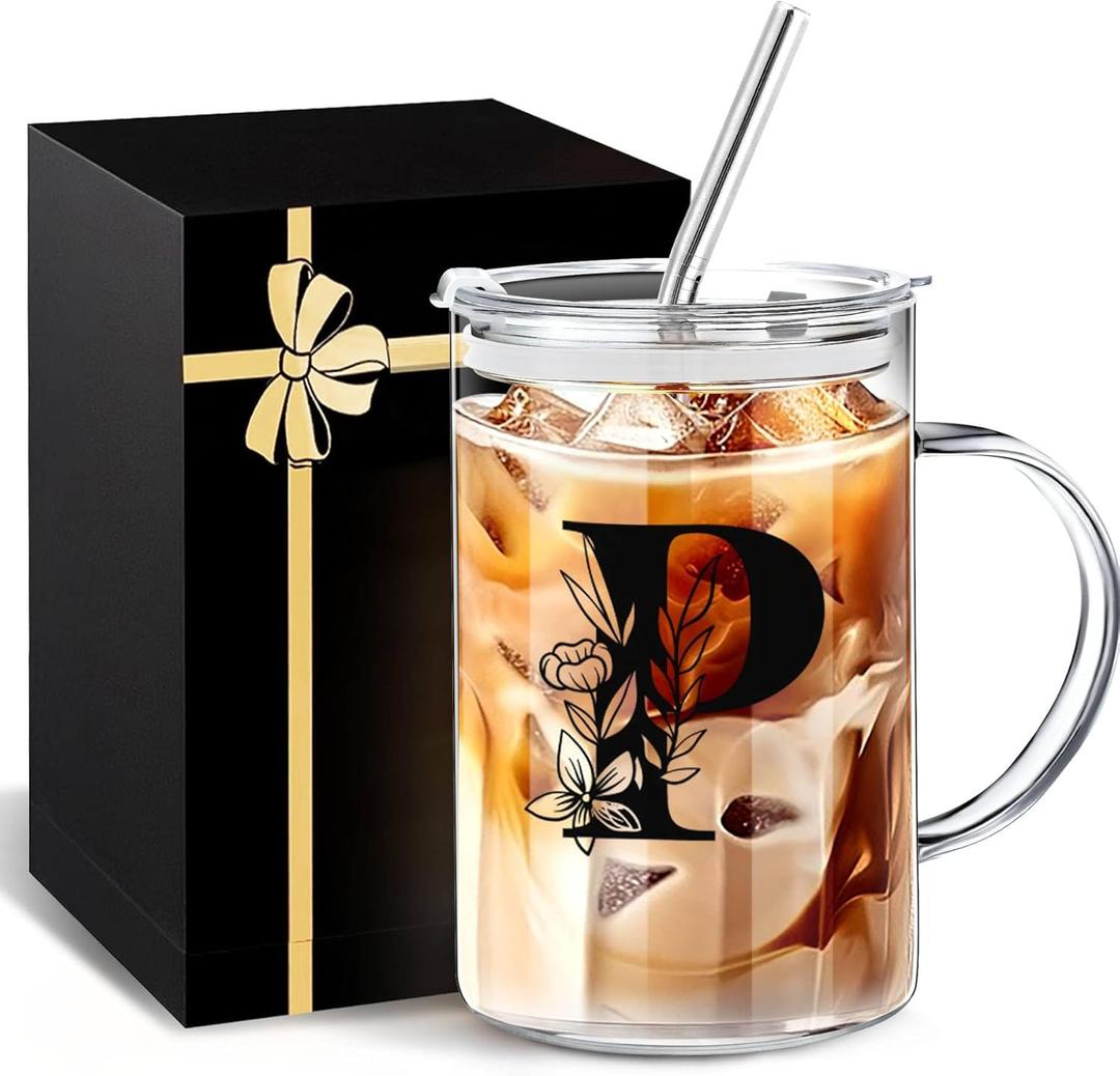 Yekidos Personalized Extra Large Glass Drinking Cup With Lid Straw Gifts for Teen Girls Cute Mug Gift For Her Iced Glass Tumbler Initial Cup Retirement Gift Must Haves For Women Apartment Essentials