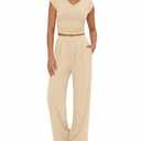 BTFBM Womens 2 Piece Outfits Spring 2026 V Neck Cap Sleeve Ruched Top Wide Leg Pants Sets Rib Knit Lounge Matching Set(Apricot, Medium) (Beige, M)