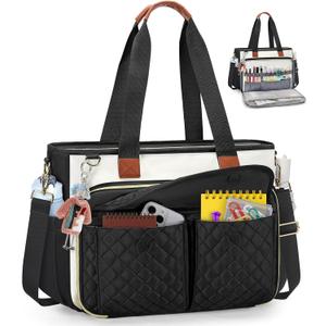 RAINSMORE Teacher Tote Bag for Women Work Bags 15.6 Inch Laptop Tote Bag with Large Cup Holder Nurse Bag Computer Handbag (Black and White)