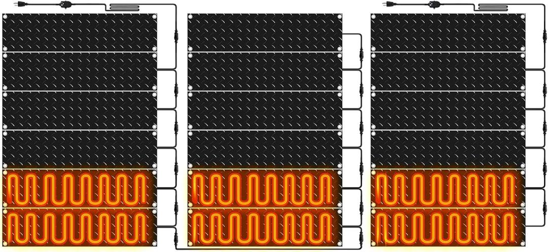 Riakrum 18 Pcs Heated Snow Melting Mats Outdoor, 10 x 30 in Winter Anti-Slip Heated Rubber Mat for Walkways Decks and Sidewalks, Electric Snow and Ice Melting Pads Connection with 9.84 ft Power Cord