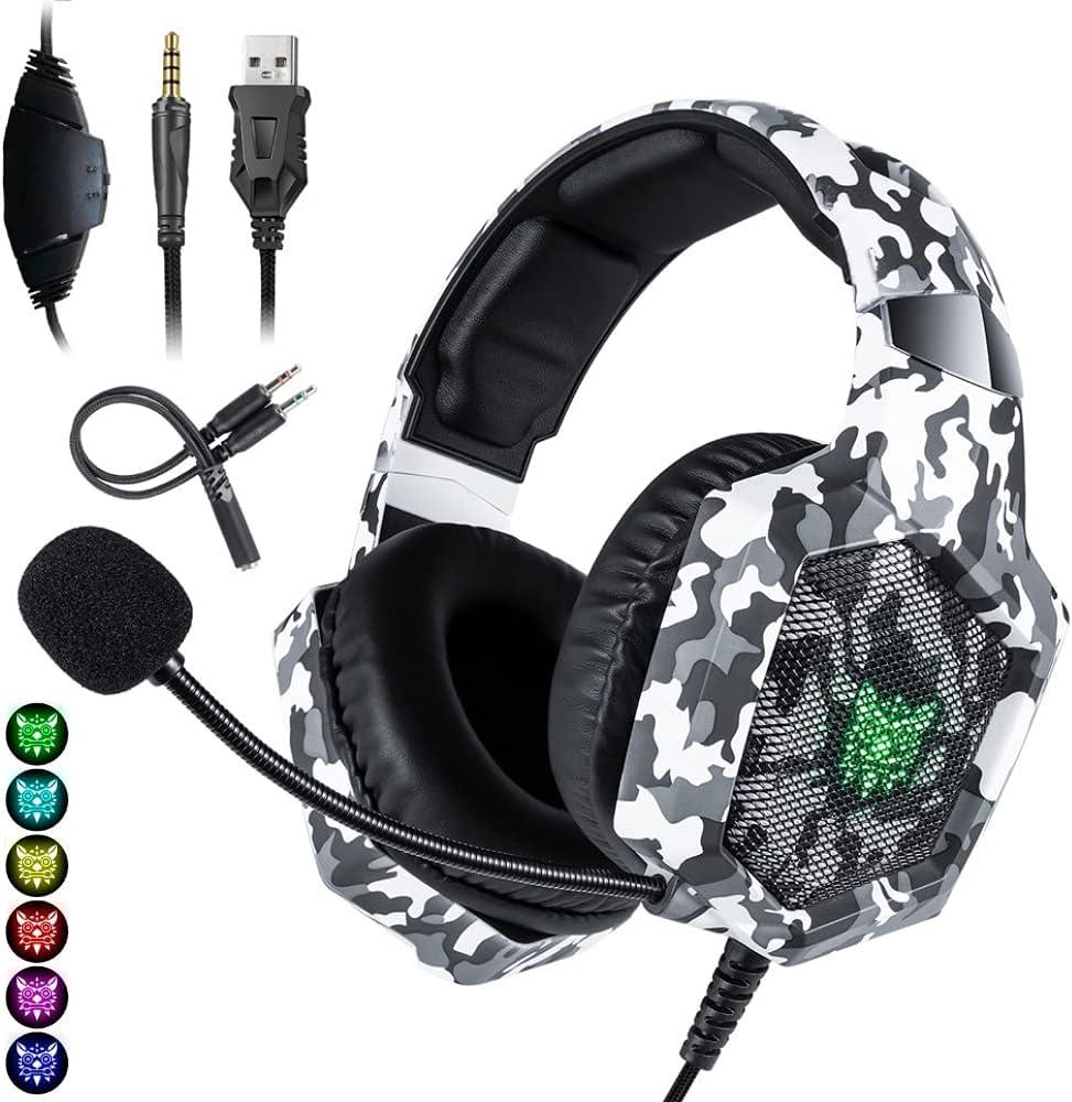 Gamer Headphones Microphone Light Led Jack 3.5mm with Adapter Xbox Series S X One PC PS4 PS5 Android HD 360 High Fidelity Headband Home Office Video Conferences Online Classes