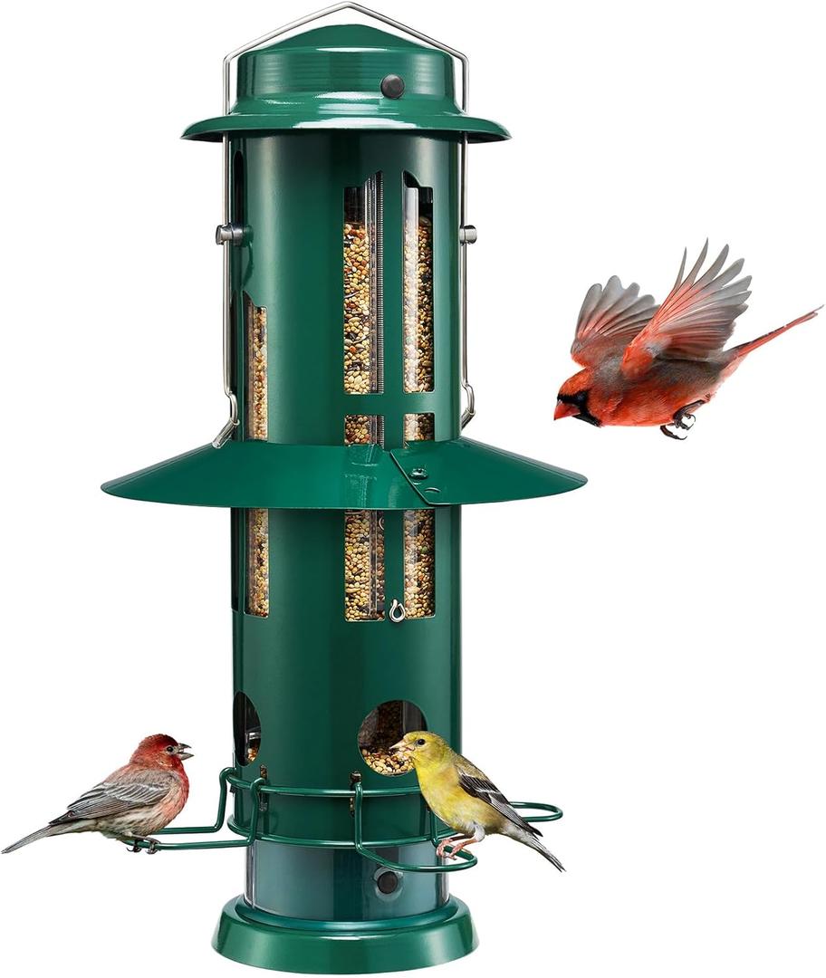 Kingsyard Squirrel Proof Bird Feeders with Weight-Activated Perches, Metal Wild Bird Feeder for Outdoors Hanging, 3 lb Large Seed Capacity, Green