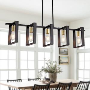 Farmhouse Kitchen Island Lighting Black Dining Room Lights Ceiling Hanging Rustic 5 Lights Wood Chandelier Light fixtures 41.3" Height Adjustable
