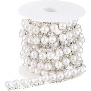 2 Yards Rhinestone Trim Pearls and Diamonds Crystal Chain Rhinestones Pearl Chain for Craft Rhinestone and Pearl Trim Applique Pearl Beaded Rhinestone Bridal Embellishments for Wedding (Classic Style)