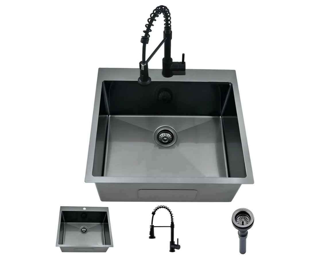 Black Drop In Laundry Sink with Faucet Combo, 25"x22"x12" Utility Sink Drop In Stainless Steel Laundry Sink 16 Gauge 12" Deep Single Bowl Kitchen Sinks
