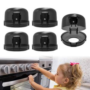 BBsecure Stove Knob Safety Covers - 5 Pack Heat Resistant Oven Knob Covers for Child Safety with 3M Strong Adhesive, Gas Stove Knob Covers with Dual-Button Locks & Visual Design, Black