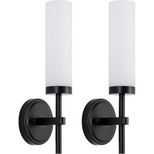 Black Bathroom Wall Sconces Set of 2, Modern Sconces Wall Lighting Vanity Lights with Opal White Glass Shade, Farmhouse Wall Mount Lamp for Mirror Living Room Bedroom Hallway Kitchen Stairs
