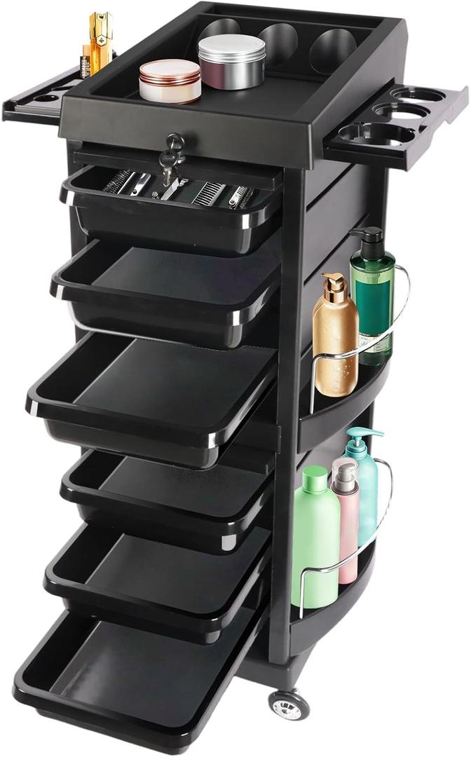 Black Salon Trolley Cart with Wheels Locking Beauty Rolling Trolley Carts | Hair Salons Storage Cabinet Barber Organizer Tool Multi Drawers Rolling Cart for Hair Supplies