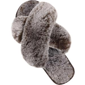 Parlovable Women's Fuzzy Slippers Comfy Cross Band House Shoes Memory Foam Open Toe Indoor Gifts for Ladies (7-8, Tip Coffee)