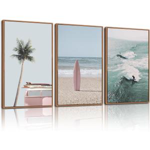 CHDITB Ocean Beach Framed Canvas Wall Art Set, Coastal Surfboard Wall Decor,Summer Coconut Tree Sea Wall Painting, Modern Surfing Art Prints for Living Room, Bedroom, Office- Large Size 24"x36"x3