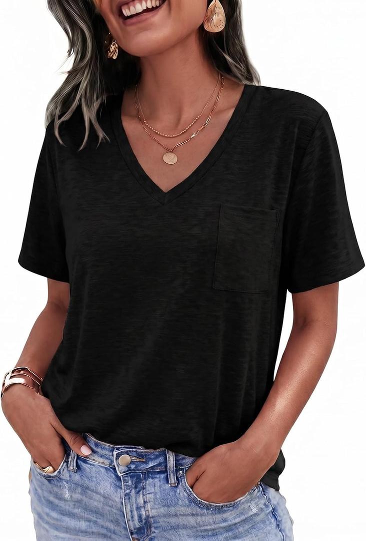 Womens V Neck Tshirts Short Sleeve Loose Casual Summer Tops with Pokcet (L)