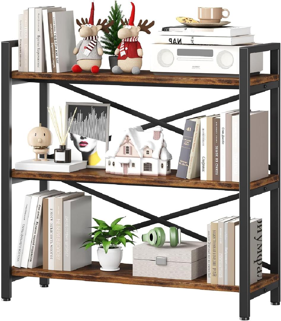 3 Tier Bookshelf 31.49" Width, Wood and Metal Etagere Bookcase, Vintage Farmhouse Modern Wooden Big Book Shelf for Home Living Room Bedroom Office Storage(Rustic Brown)