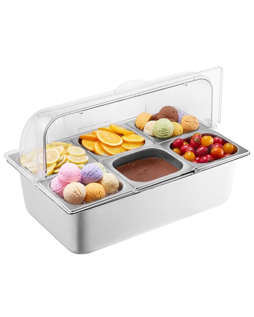 VEVOR Countertop Food Serving Display Container, 6 Pan Stainless Steel Food Serving Tray, Buffet Condiment Dispenser Display Rack with Clear Lid & 3 Freezer Boxes, for Restaurant Hotel Kitchen Party, 1.6 L X 6