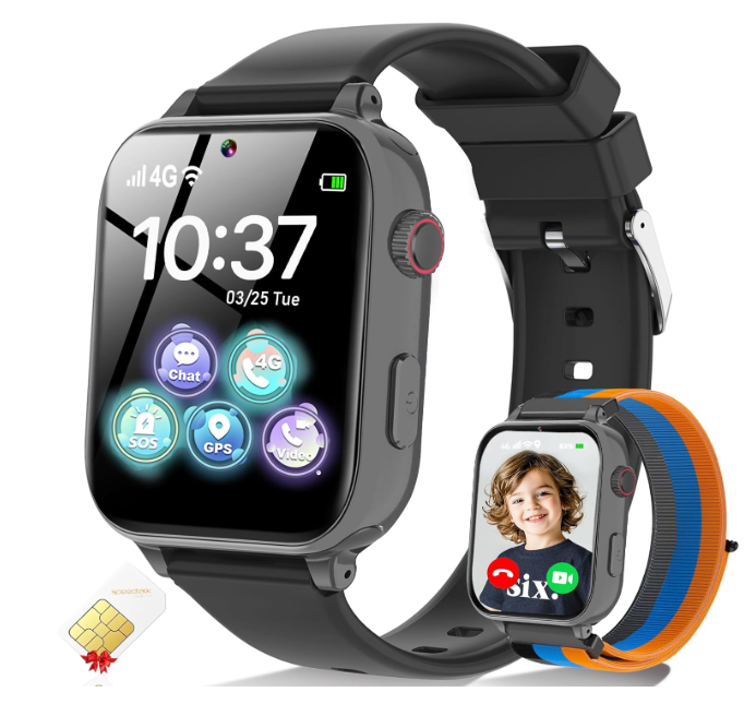 4G Kids Smart Watch for Boys Girls, Kid Watch Phone Ages 4-12 with Call, GPS, SOS, Video Call, Games, Camera, Alarm, Touchscreen Smartwatch for Children Birthday Gift (Includes SIM Card), Black
