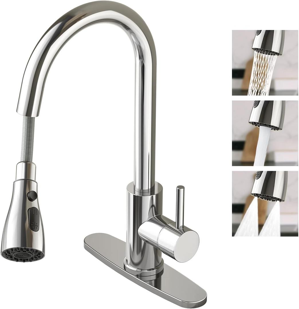Kitchen Faucet with Pull Down SprayerStainless Steel Single Handle Kitchen FaucetMultiple Modes Switch Water,1/3 Hole, Deck Plate Included (Chrome)