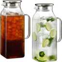 2 Pack 2 Liter/68 oz Square Glass Pitcher with Lid, Classic Stripes Water Pitchers with Handle for Fridge, Large Jug for Iced Tea, Coffee, Borosilicate Glass Carafe for Hot/Cold Brew Drink, Silver