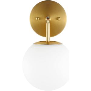 Modern Wall Sconce Industrial Mid Century Bathroom Vanity Wall Light with White Globe Glass Lampshade Brushed Brass Finished Lighting Fixture (Gold Color)