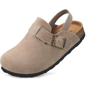 ZUSERIS Kids Toddler Suede Clogs Boys Girls Leather Mules House Slippers Comfort Non Slip Cork Footbed Sandals with Straps & Adjustable Buckle,Apricot,11-12 Little Kid